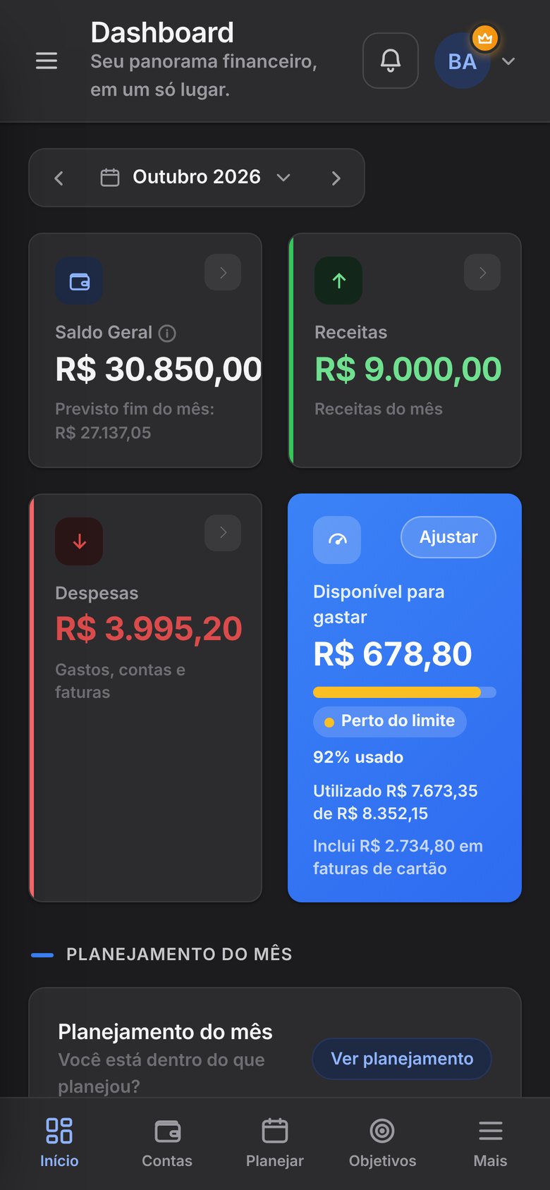 Dashboard da Monvvi no celular, tema escuro