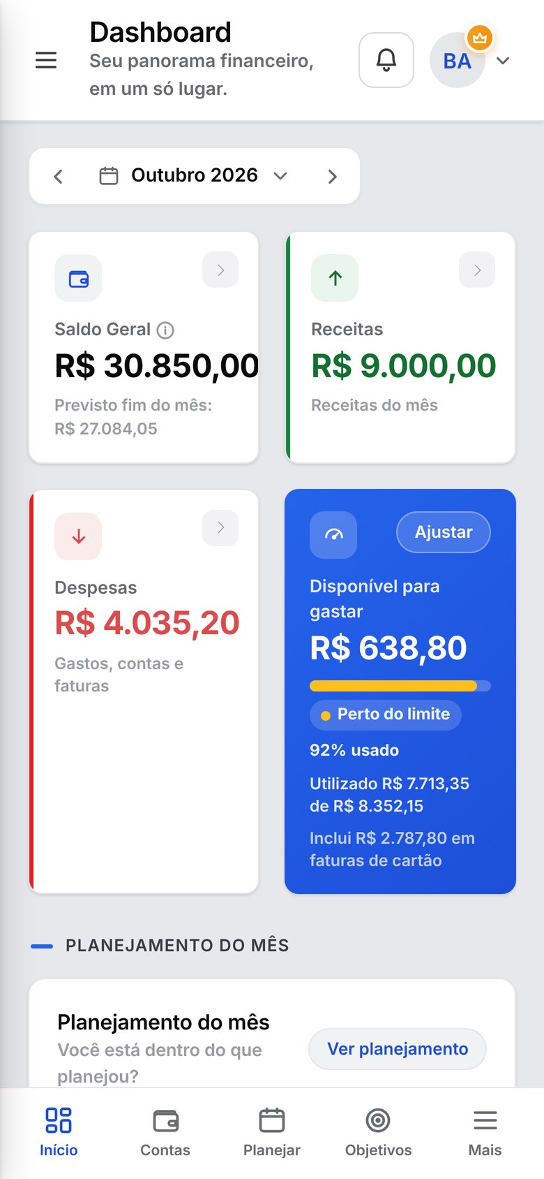 Dashboard da Monvvi no celular